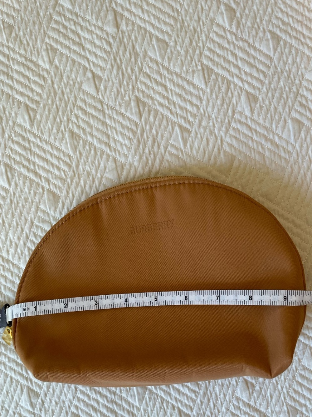Burberry tan cosmetic pouch with gold tone zip-close and embossed BURBERRY logo - Picture 8 of 11